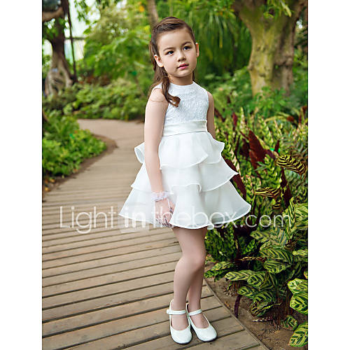 Ball Gown Jewel Knee length Satin Chiffon And Tulle Flower Girl Dress