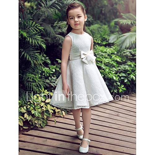 A line Jewel Knee length Satin And Tulle Flower Girl Dress With Bow(More Colors)