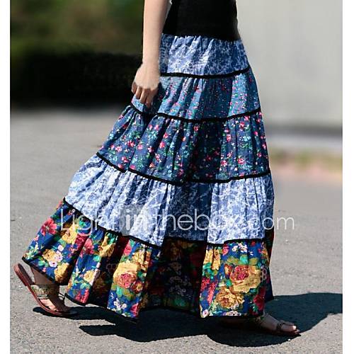 Women's Cotton Linen Casual Vintage Style National Floral Long Skirt ...