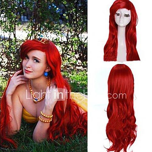 Women’s Dark Red Curly Little Mermaid Princess Ariel Synthetic Cosplay ...