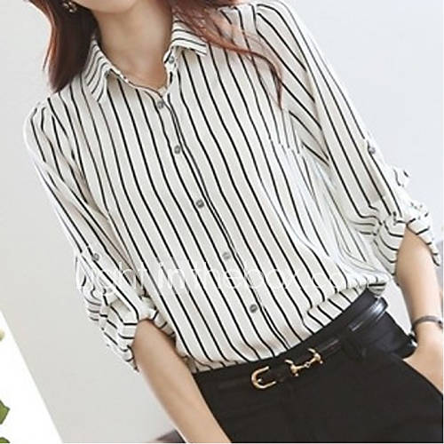 Women's Formal Simple All Seasons Shirt,Striped Shirt Collar Long ...