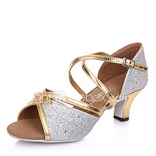 Latin Women's Dance Shoes Sandals Paillette Cuban Heel Gold/Silver ...