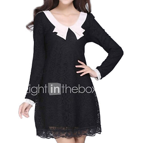 Women's Solid White / Black Dress , Casual Round Neck Long Sleeve ...