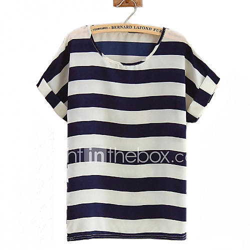 Women's Striped White/Navy Blue Blouse, Cute Round Neck Short Sleeve ...