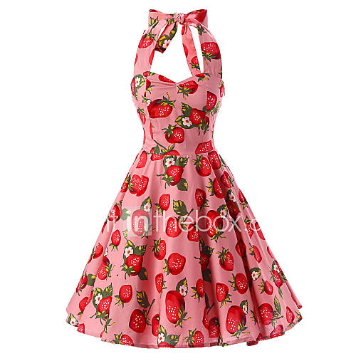 Women's Pink Strawberry Pattern Floral Dress , Vintage Halter 50s ...