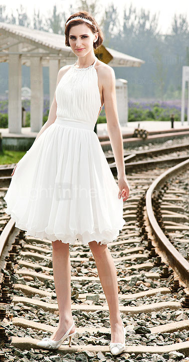 A-Line Princess Halter Knee Length Chiffon Wedding Dress with Beading ...